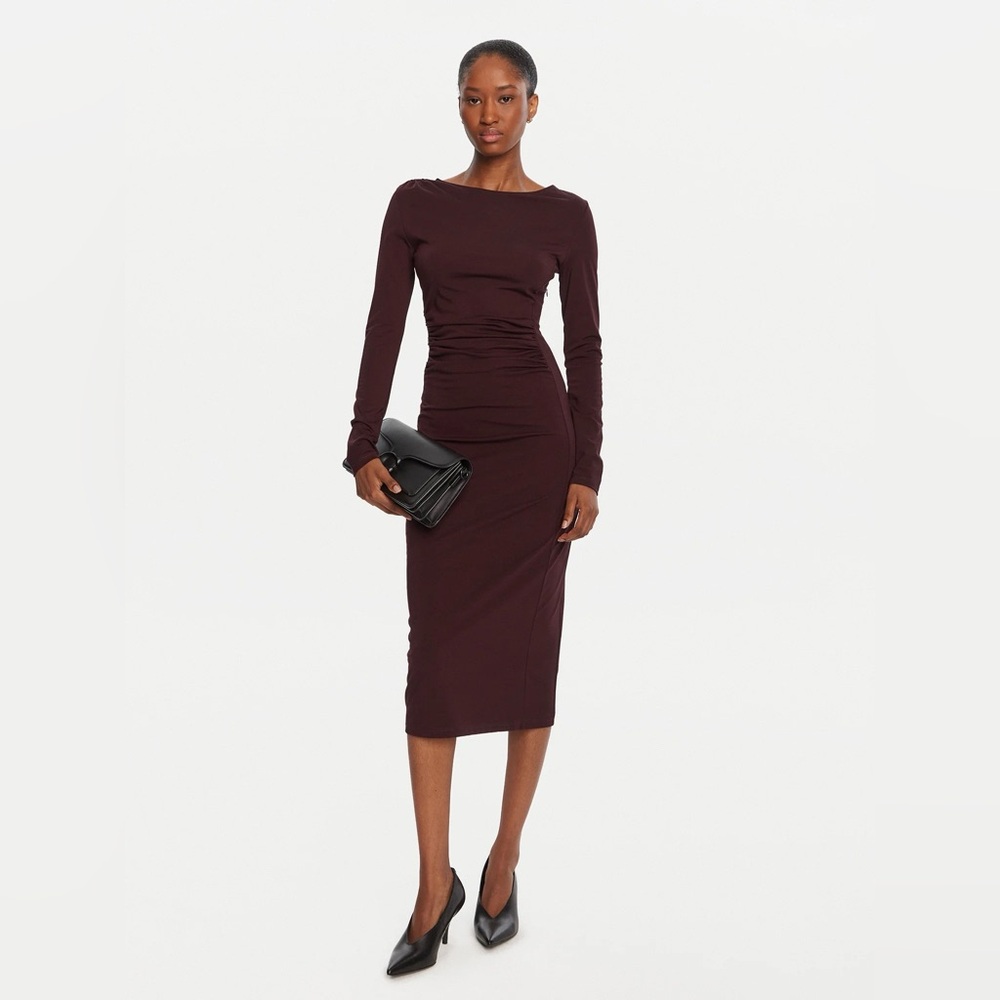 NEW Kaos Chic Modern Long Sleeve Ruched Side Dress Chocolate Brown Size 42 S/M